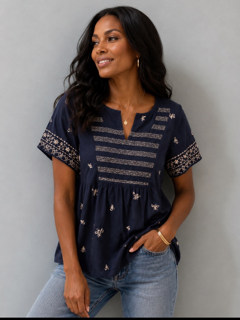 Lucky Brand Navy Short Sleeve Embroidered Peasant Top